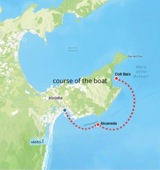 Route map paella boat trip from Port d'Alcudia to Alcanada and Coll Baix Mallorca