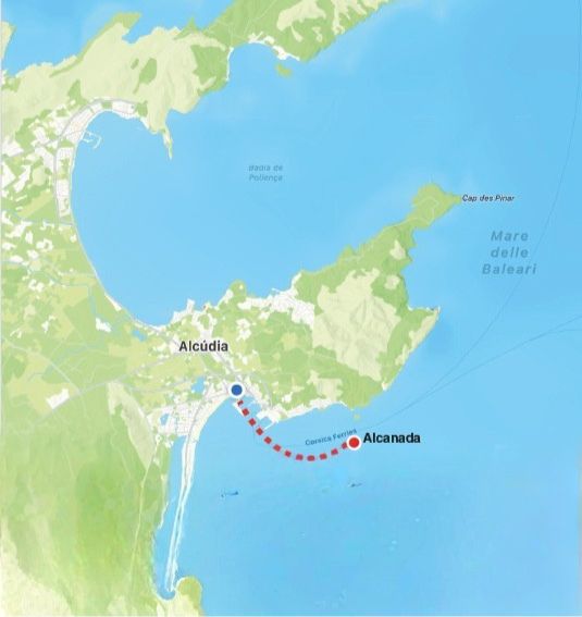Route map of the sunset cruise from Port d'Alcudia toward Alcanada Island